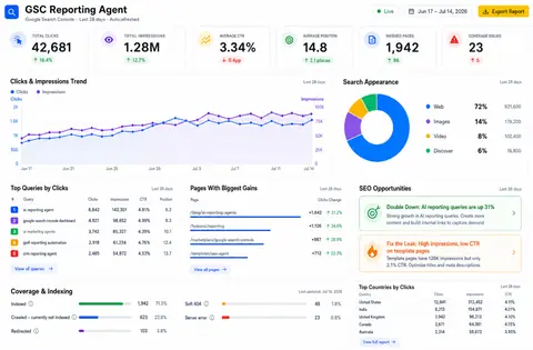Search Console reporting dashboard produced by the agent