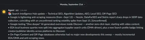 Search intelligence update posted to Slack by the agent