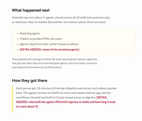 Second page of the filled case study, gaps in red